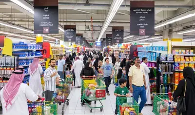 Supermarket shelves stocked with fresh produce and food essentials in Saudi Arabia